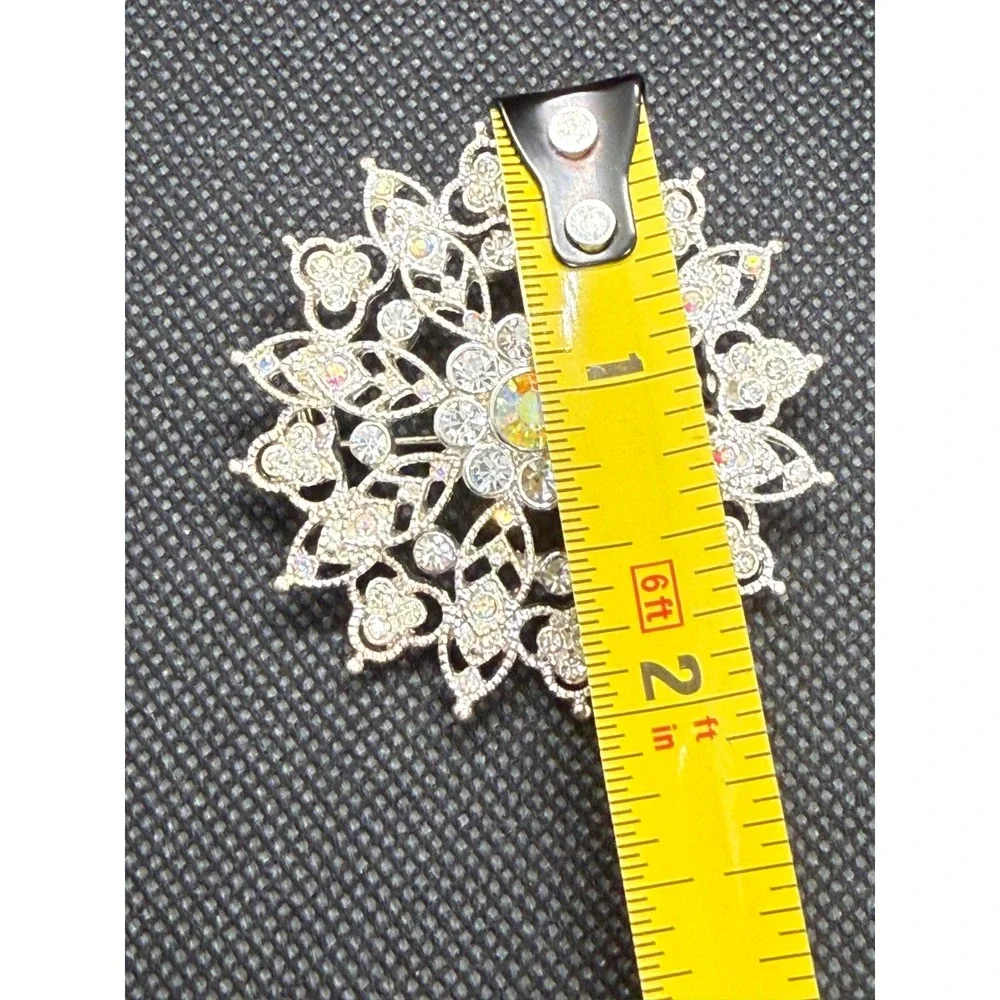 Silver Tone AB Crystal Rhinestone Sunburst Filigree Brooch Pin Vintage Style 2